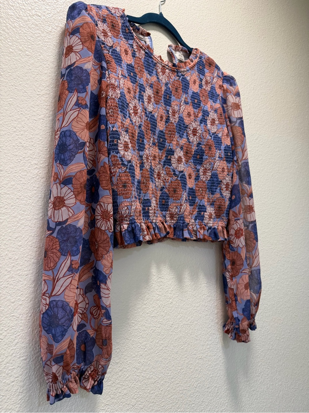 Aritizia Wilfred Floral Extra Soft Smocked Long-Sleeve Crop Top in Blue & Peach